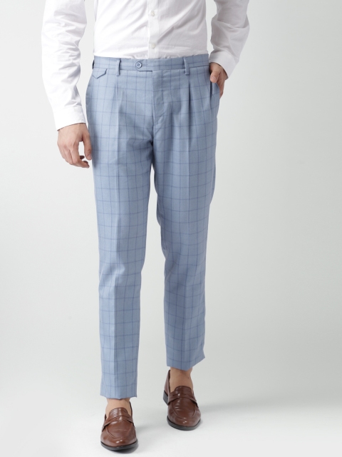 

INVICTUS Men Blue Slim Fit Checked Flat-Front Trousers