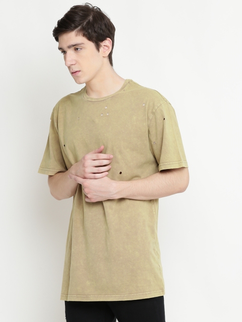 

FOREVER 21 Men Brown Solid Round Neck T-shirt with Cut-Outs