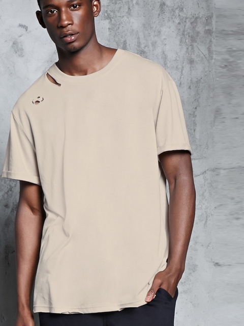 

FOREVER 21 Men Beige Solid Round Neck T-shirt