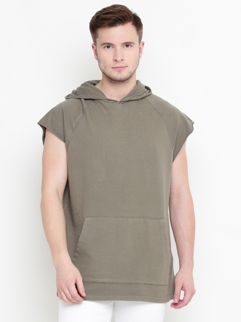 

FOREVER 21 Men Olive Green Solid Hooded T-shirt