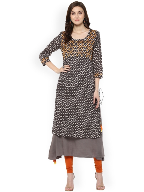 

La Firangi Women Taupe Printed Straight Asymmetric Kurta