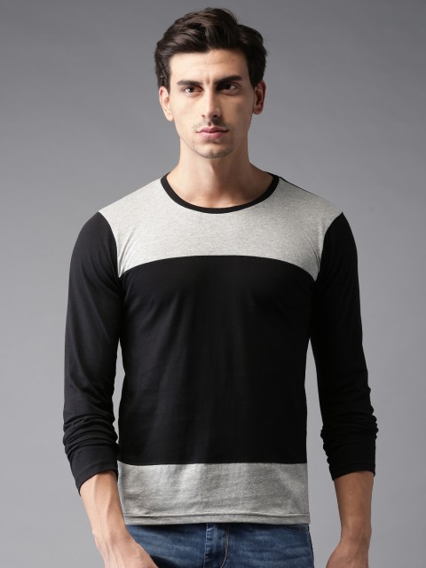 

HERE&NOW Men Black & Grey Colourblocked Round Neck T-shirt