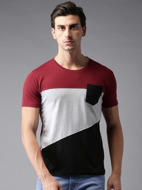 

HERE&NOW Men Maroon & Grey Colourblocked Round Neck T-shirt