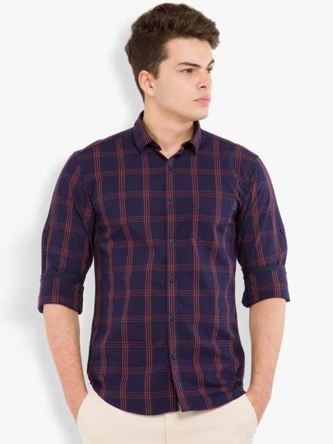 

HIGHLANDER Men Navy Blue & Rust Slim Fit Checked Casual Shirt
