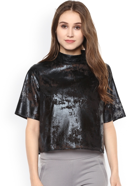 

Kazo Women Black Solid Boxy Top with Sheen