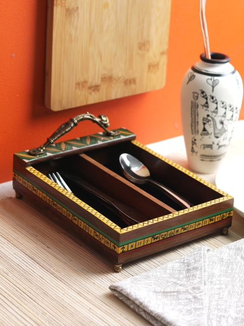 

VarEesha Brown Warli Handpainted Sheesham Wooden Cutlery Holder