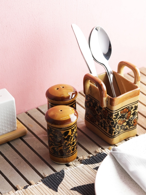 

VarEesha Brown Hand Painted Cutlery Holder and Salt n Pepper
