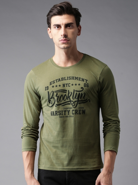 

HERE&NOW Men Olive Green Printed Round Neck T-shirt