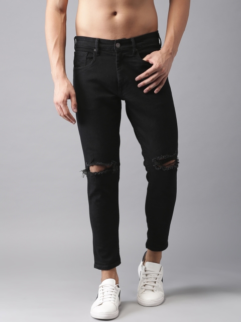 

HERE&NOW Men Black Tapered Fit Mid-Rise Slash Knee Stretchable Jeans