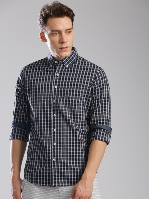 GAS Men Navy Blue Classic Slim Fit Checked Casual Shirt available at myntra for Rs.2744