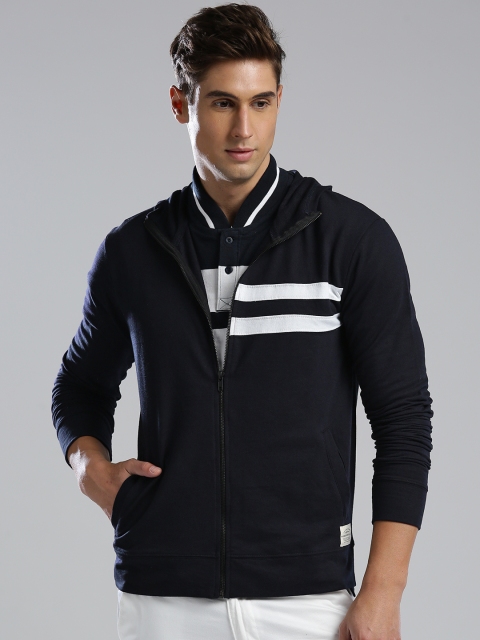 

Hubberholme Men Navy Striped Detail Hooded Sweatshirt, Navy blue