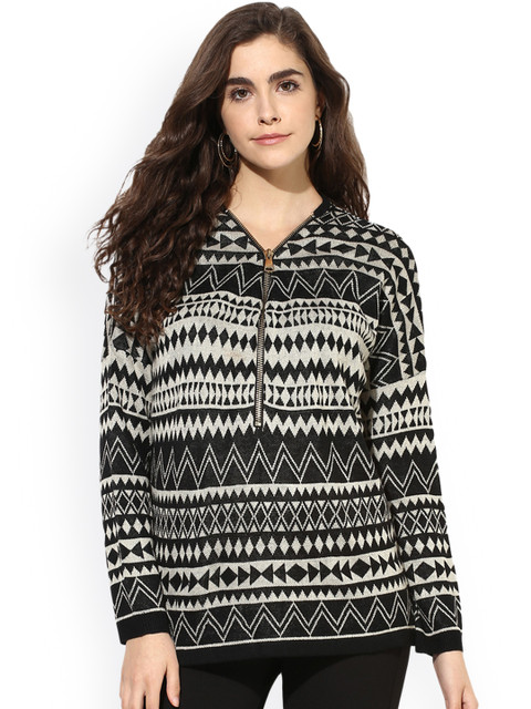 

Kazo Women Black & Grey Melange Self-Design Sweater