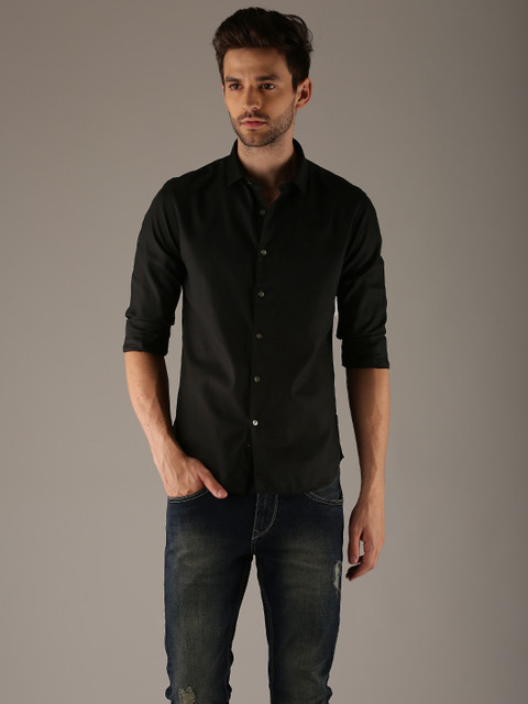 

Flying Machine Men Black Slim Fit Self Design Casual Shirt