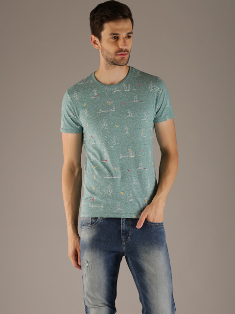 

Flying Machine Men Sea Green Printed Round Neck T-shirt