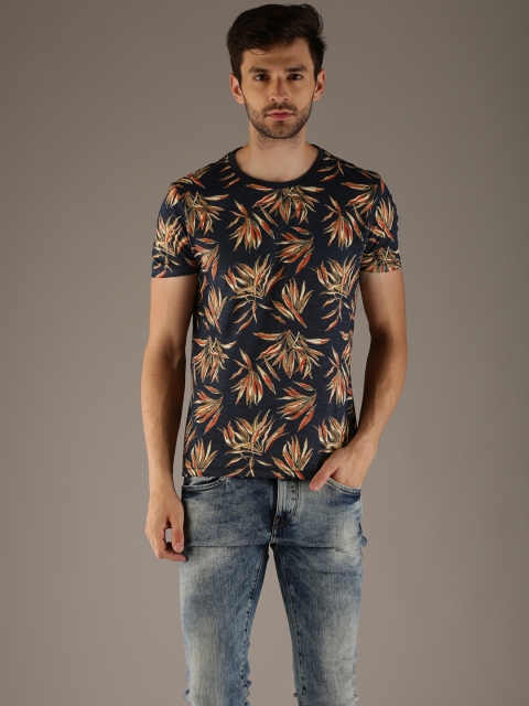 

Flying Machine Men Navy Blue Printed Round Neck T-shirt