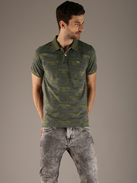 

Flying Machine Men Olive Green Printed Polo Collar T-shirt