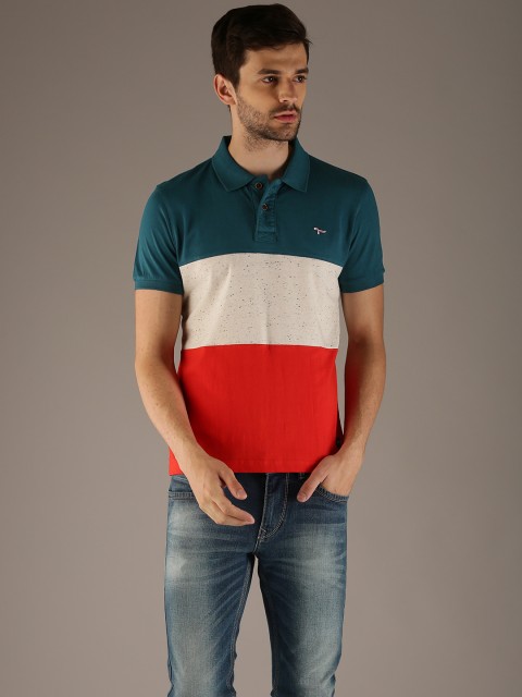

Flying Machine Men Teal Blue Red Colourblocked Polo Collar Pure Cotton T-shirt