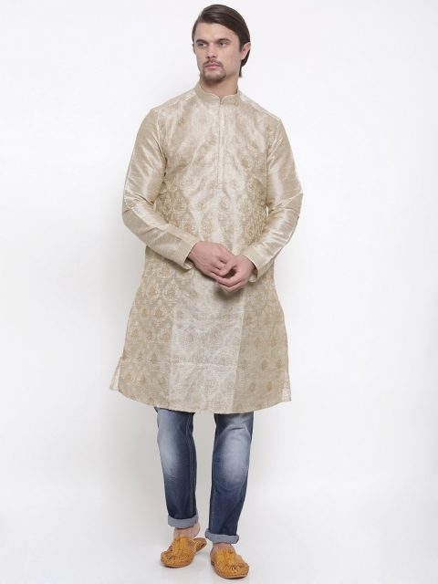 

indus route by Pantaloons Men Cream-Coloured Woven Design Straight Kurta