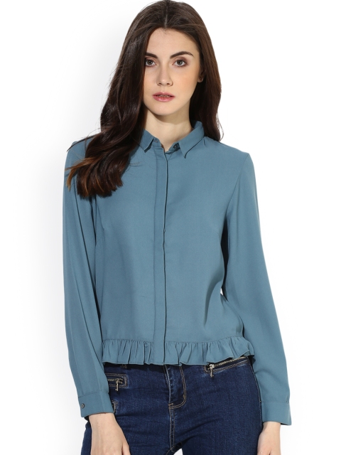 

Kazo Women Blue Classic Fit Solid Casual Shirt with Frills
