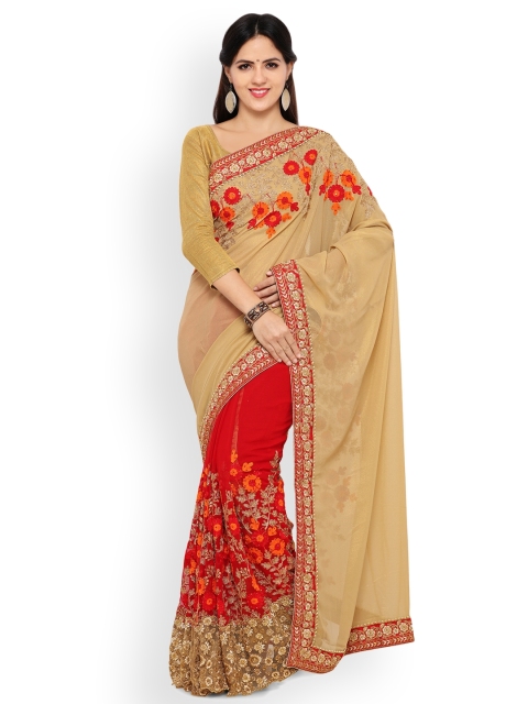 

Triveni Red & Beige Poly Georgette Embroidered Half-and-Half Saree