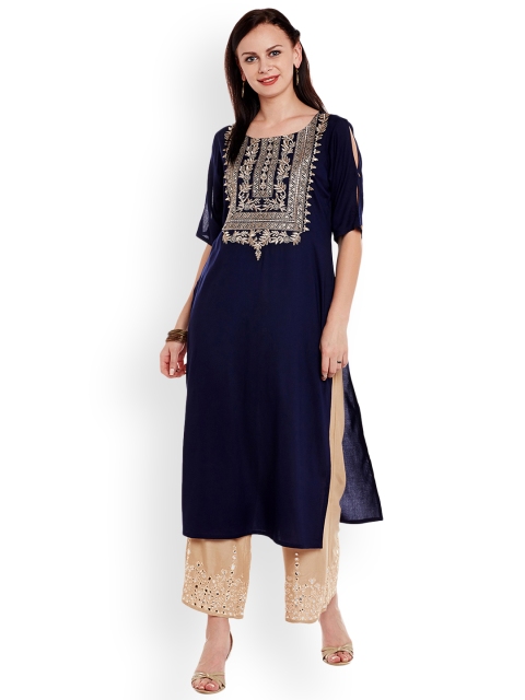 

Varanga Women Navy & Beige Embroidered Kurta with Palazzos, Navy blue