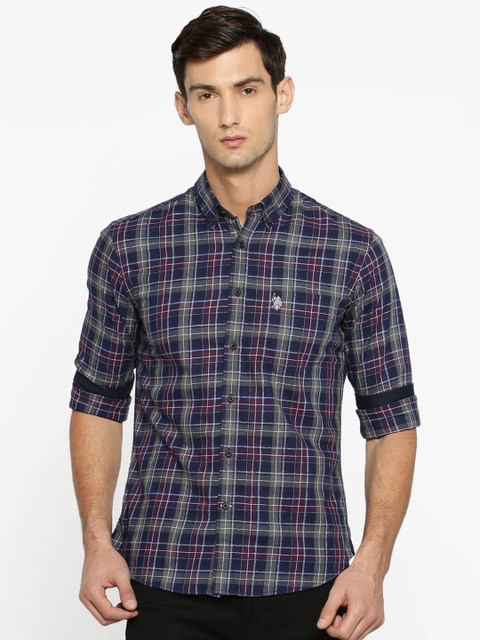 

U.S. Polo Assn. Men Navy Blue & Grey Tailored Fit Checked Casual Shirt