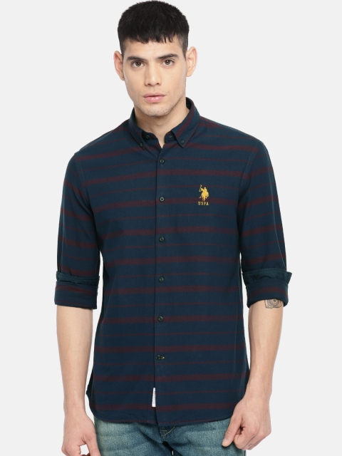 

U.S. Polo Assn. Men Navy Blue & Maroon Tailored Fit Striped Casual Shirt