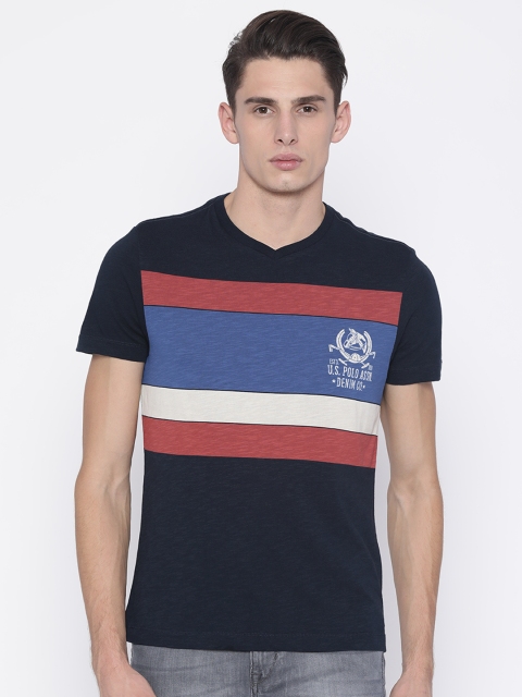 

U.S. Polo Assn. Denim Co. Men Navy Blue Colourblocked V-Neck T-shirt