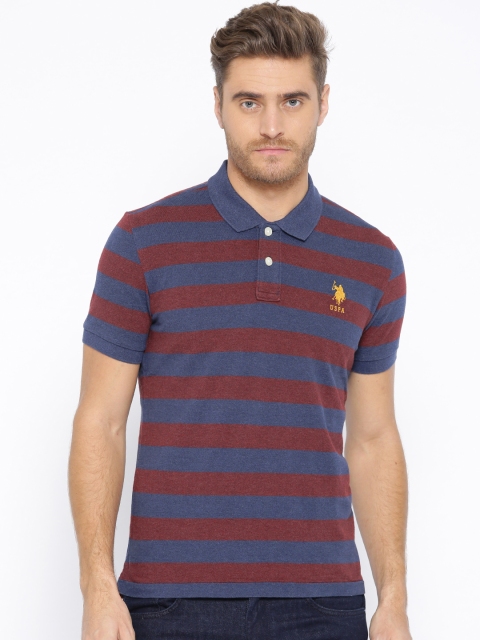 

U.S. Polo Assn. Men Navy & Maroon Striped Polo Collar T-shirt, Navy blue