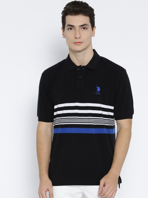 

U.S. Polo Assn. Men Black Striped Polo Collar Pure Cotton T-shirt