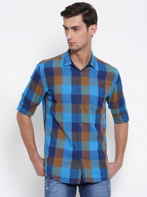 

British Club Men Blue & Brown Slim Fit Checked Casual Shirt