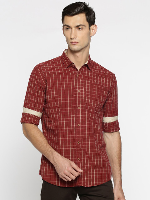 

British Club Men Maroon & Beige Slim Fit Checked Casual Shirt