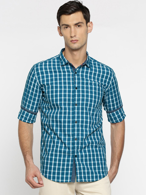 

British Club Men Teal Blue & White Slim Fit Checked Casual Shirt