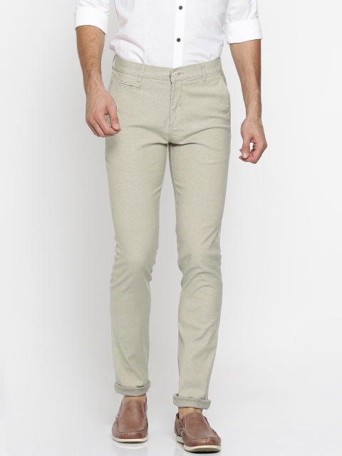 

British Club Men Beige & Grey Slim Fit Self Design Regular Trousers