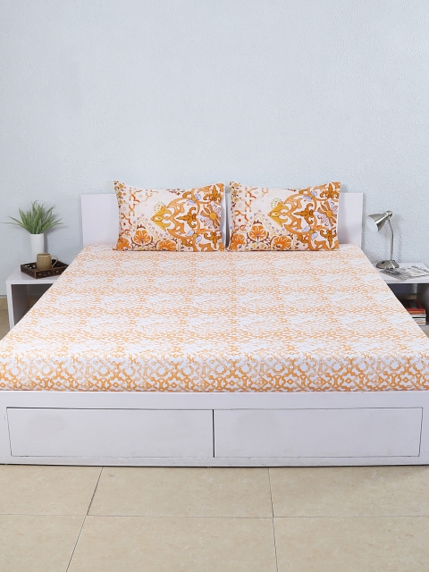 

House This Orange Printed 210 TC Fine Cotton Double Bedsheet with 2 Pillow Covers