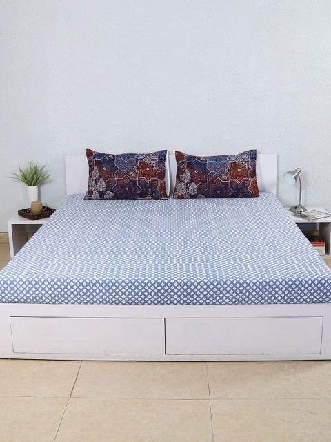

House This Blue Cotton 210 TC Printed Double Bedsheet with 2 Pillow Covers