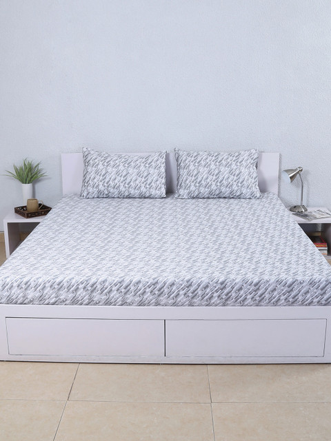

House This Blue Cotton 210 TC Printed Double Bedsheet with 2 Pillow Covers, Grey