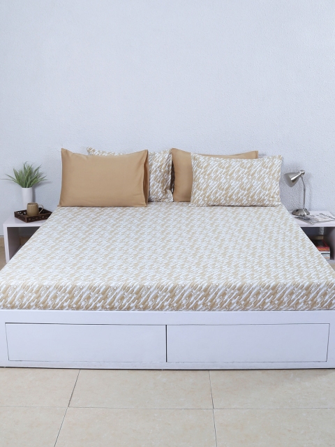 

House This Beige Printed 210 TC Fine Cotton Double King Bedsheet with 4 Pillow Covers