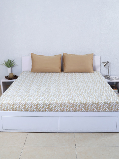 

House This Beige Cotton 350 TC Printed Double Bedsheet with 2 Pillow Covers