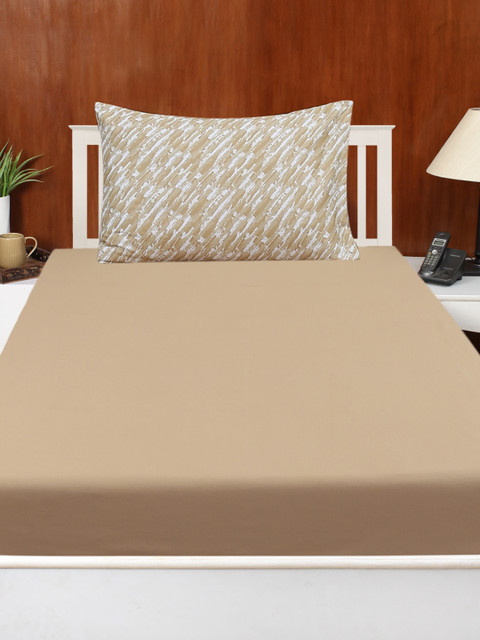 

House This Beige 210 TC Cotton Single Bedsheet with 1 Pillow Cover