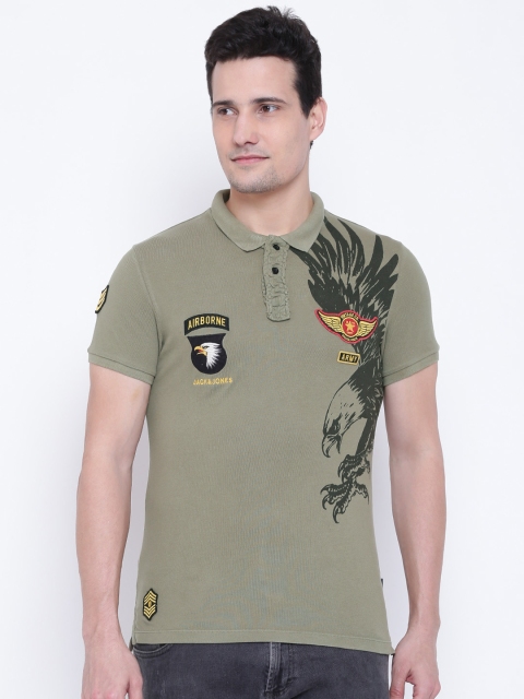 

Jack & Jones Men Olive Green Printed Polo Collar T-shirt