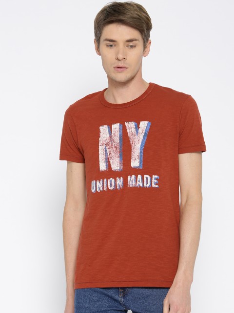 

Jack & Jones Men Rust Orange Printed Round Neck T-shirt