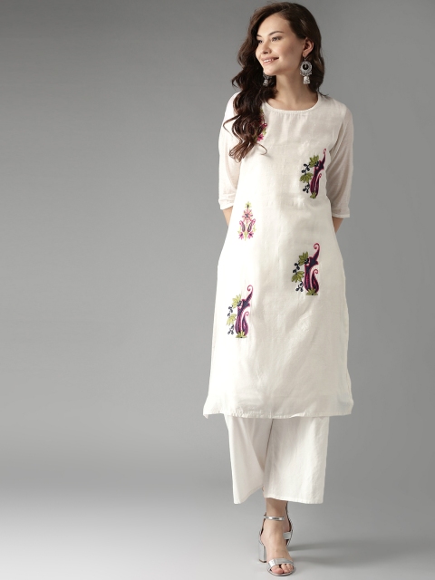

HERE&NOW Women Off-White Embroidered Chanderi Cotton Straight Kurta