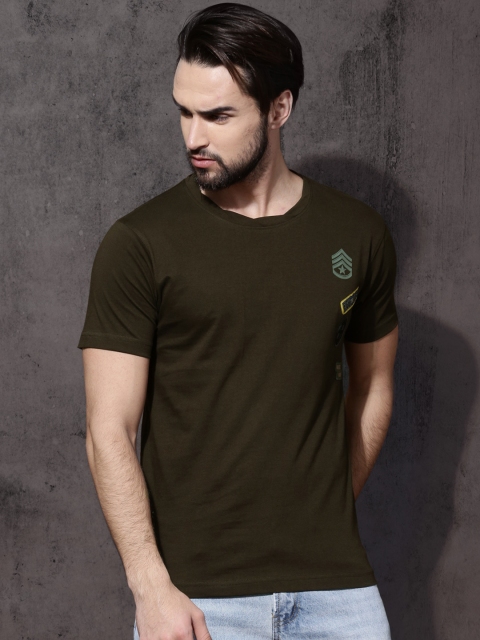 

Roadster Men Olive Green Solid Round Neck T-shirt