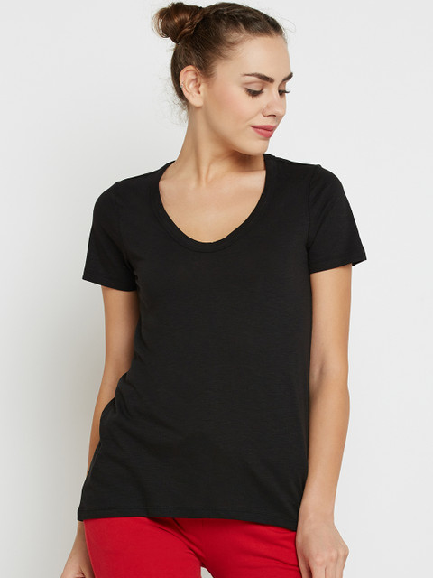 

SATVA Women Black Solid Scoop Neck Organic Cotton T-shirt