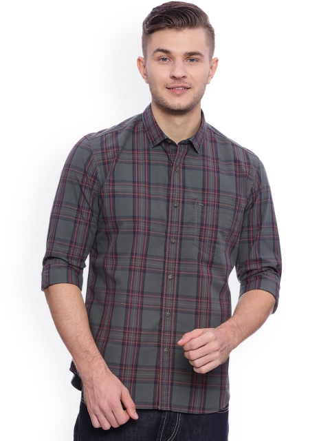 

Basics Men Olive Green & Maroon Slim Fit Checked Casual Shirt