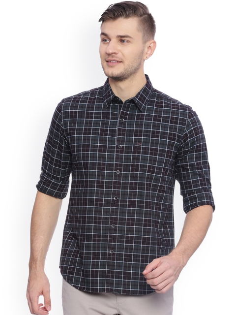 

Basics Men Olive Green & Brown Slim Fit Checked Casual Shirt