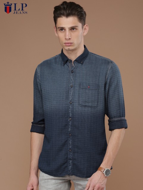 

Louis Philippe Jeans Men Blue Tailored Fit Self Design Casual Shirt