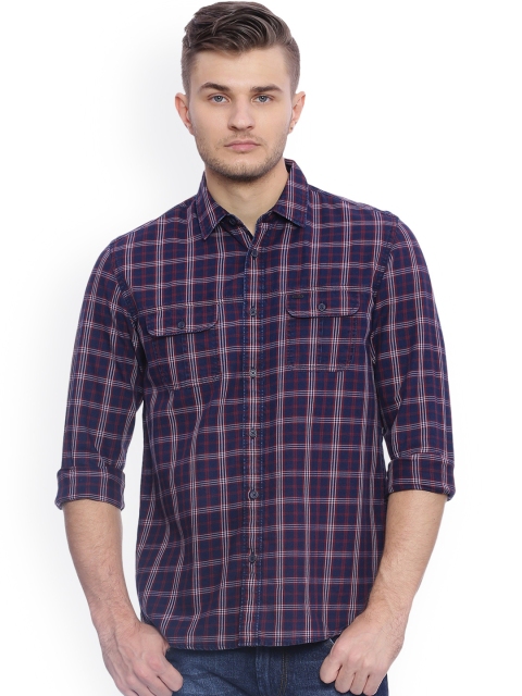 

Basics Men Navy Blue & Red Slim Fit Checked Casual Shirt