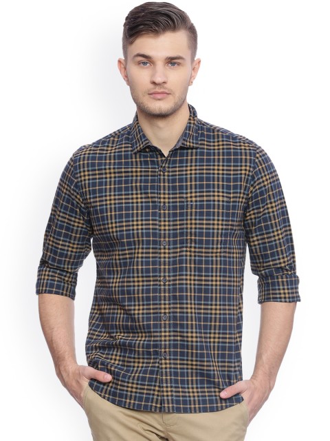 

Basics Men Navy Blue & Mustard Yellow Slim Fit Checked Casual Shirt